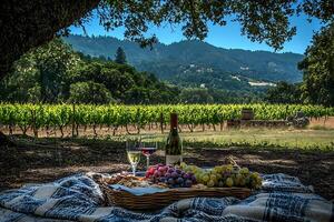 A picnic table with a basket of grapes and a bottle of wine photo