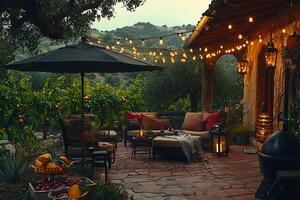 A patio with a table and chairs under a string of lights photo