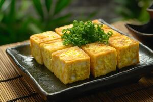 A square plate with tofu cubes on it photo