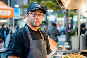 A man in an apron is standing in front of a food stand photo
