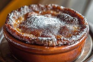 A dessert in a brown bowl on a wooden table photo