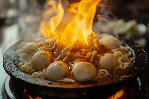 A bowl of noodles with fire and eggs in it photo