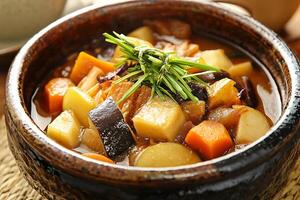 A bowl of stew with vegetables and herbs photo
