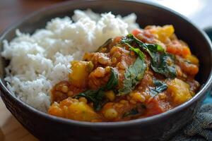 A bowl of rice and vegetables with a side of spinach photo
