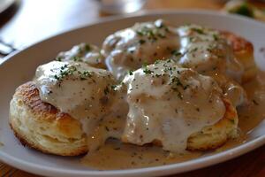 A plate of biscuits and gravy with gravy on top photo