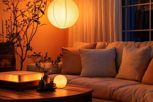 A living room with a couch, a lamp, and a table photo