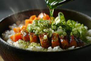 Savory Japanese Rice Bowl with Glazed Fish, Vegetables, and Herbs. A close-up image showing a steaming bowl of delicious Japanese cuisine. photo