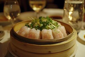 Steamed Shrimp Dumplings in a Bamboo Steamer at a Fine Dining Restaurant. photo
