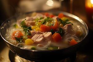 Steaming Bowl of Chicken and Vegetable Noodle Soup. A close-up image of a delicious and healthy Asian-inspired noodle soup. photo