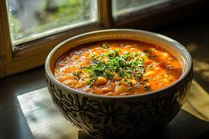 Hearty Bean and Tomato Stew in Rustic Bowl by Sunny Window. photo