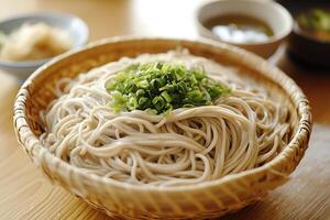 Close-up of a Bowl of Soba Noodles Topped with Chopped Green Onions. A delicious and traditional Japanese dish. photo