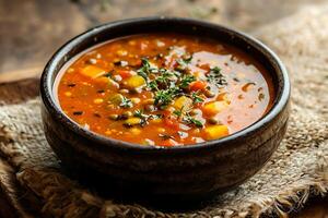 Hearty Lentil and Vegetable Soup in Rustic Bowl. A close-up image of a delicious and healthy soup perfect for a cozy meal. photo