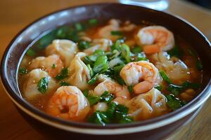 Delicious Shrimp and Wonton Soup in a Brown Bowl. A close-up shot of a flavorful Asian-inspired soup. photo