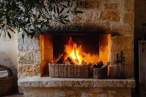 Cozy Fireplace with Burning Wood in Rustic Stone Mantel. A warm and inviting scene perfect for autumn or winter themes. photo