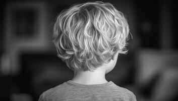 Curly-haired child in blur. A young child with light, curly hair stands with their back turned, surrounded by a softly blurred indoor setting. photo
