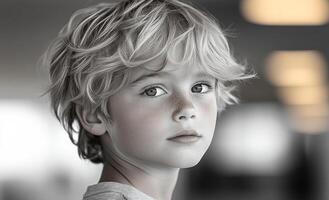 Curly-haired boy in soft light. A young boy with curly blond hair gazes thoughtfully in a softly lit space, capturing a moment of contemplation. photo