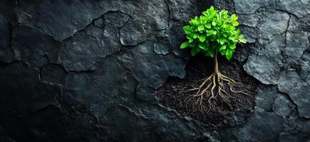 Tree growing from cracked ground surface. A green tree emerges from cracked black soil, showcasing resilience and life amid harsh conditions. photo