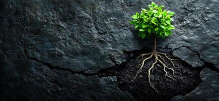 Roots growing through cracked ground. A small tree with vibrant leaves emerges from cracked earth, symbolizing resilience and hope in a harsh environment. photo