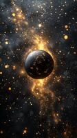 Swirling golden cosmic particles. A captivating view showcases a dark planet surrounded by luminous golden particles in a cosmic setting. photo
