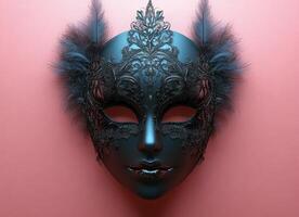 Elegant black lace mask with feathers. This mask has intricate black lace and feathers on a soft pink background for an artistic touch. photo