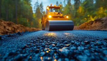 Machines lay asphalt at dawn. A road roller compacting freshly laid asphalt in a forested area during early morning light, creating a smooth surface. photo