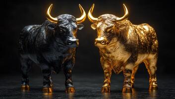 Bull symbols of wealth and power. Two bull figures, one black and one gold, represent prosperity and strength, set against a dark background. photo