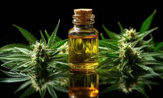 Oil bottle with cannabis plants. A glass bottle filled with golden oil is placed on a reflective surface with fresh cannabis leaves and buds around it. photo