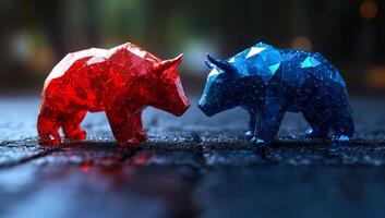Bull vs. bear on wet street. Red bear and blue bull figures are positioned closely on a shiny wet surface at dusk, reflecting a trading rivalry. photo