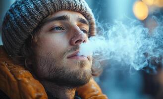 Man enjoying winter outdoors. A young man inhales cold air while exhaling a cloud of smoke in a snowy setting during a winter day. photo