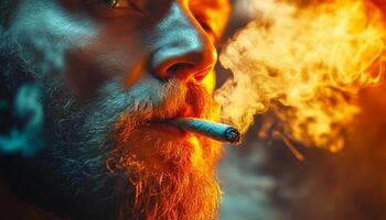 Bearded man smoking in haze. A close-up of a man with a beard, smoking a cigarette surrounded by colorful smoke, creating an atmospheric vibe. photo