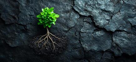Green tree growing from cracked soil. A vibrant green tree with lush leaves emerges from deep cracks in dry, barren soil, symbolizing resilience. photo