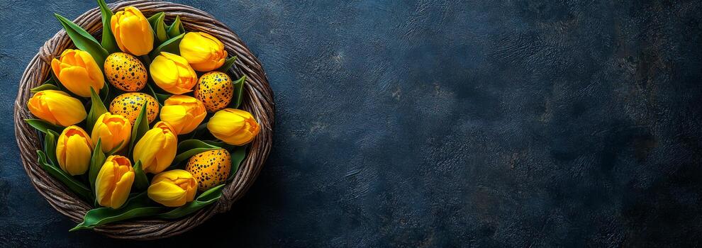 Colorful tulips and eggs display. A nest of yellow tulips surrounds decorative eggs on a dark textured surface, creating a festive spring display. photo