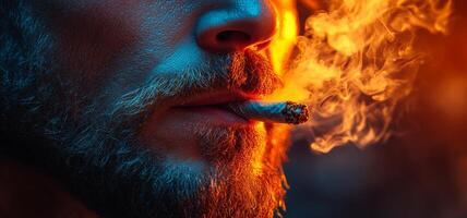 Man smokes in bright settings. A man with a beard smokes a cigarette amidst colorful, smoky hues at dusk, enjoying a quiet, reflective moment. photo