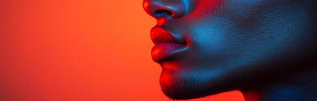 Vibrant portrait of a person. Close-up view of a person's face illuminated with bold red and blue lighting, creating an artistic effect. photo