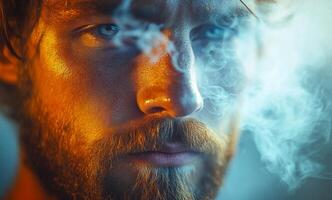 Man in smoke with intense gaze. A man with piercing blue eyes stares confidently as smoke swirls around his face, creating a moody vibe. photo