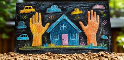 Bright chalk drawing of a home and hands. Chalk art shows a house with hands, cars, and clouds on a dark background, representing community spirit. photo