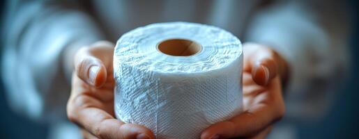 Person with white toilet paper. Individual offers a roll of white toilet paper, showcasing its softness and texture in a well-lit setting. photo