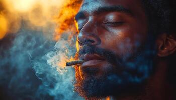 Man finding peace outside. A man with curly hair and a beard exhales smoke while lost in thought during sunset in a serene environment. photo