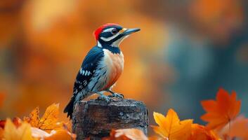 Woodpecker on log with leaves. A woodpecker stands on a wooden log surrounded by vibrant orange and yellow autumn leaves in a serene setting. photo