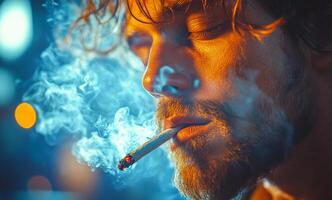 Smoky evening with a thoughtful man. A man enjoys a moment of reflection while smoking, illuminated by colorful lights in a bustling evening atmosphere. photo