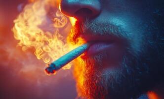 Contemplative figure in smoke. A man with a beard exhales smoke from a joint, surrounded by warm, colorful lighting at dusk. photo