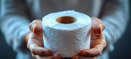 Holding a roll of toilet paper in hands. A person is presenting a roll of toilet paper, showcasing the texture and quality of the product in a close-up view. photo