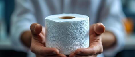 Holding tissue rolls indoors. A person extends their hands with a roll of tissue paper while indoors, showcasing its seamless texture and utility. photo