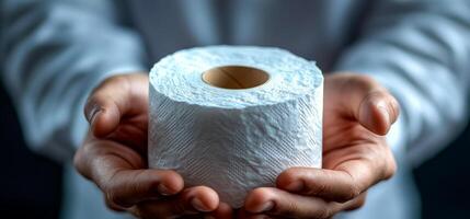 Person holding a roll of toilet paper. A person extends their hands to offer a roll of toilet paper, highlighting the importance of basic hygiene supplies. photo