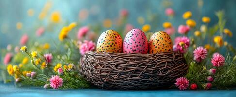 Colorful eggs nestled in a spring nest. Three brightly painted eggs are placed in a woven nest surrounded by vibrant spring flowers and greenery. photo