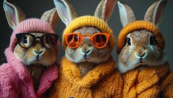 Rabbits dressed in sweaters and glasses. Three rabbits wear colorful sweaters and stylish glasses while posing together in a cozy setting. photo