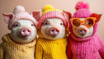 Colorful piglets in sweaters. Three adorable piglets dressed in vibrant winter sweaters and hats pose together with playful expressions. photo