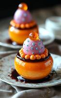 Vibrant dessert with unique toppings. Vibrant dessert features bright orange base with decorative purple and orange elements, set on a rustic plate. photo