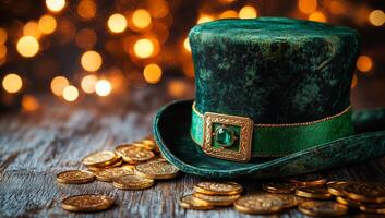Traditional St. Patrick's Day. A green leprechaun hat sits on rustic wood with gold coins scattered around, creating a festive atmosphere for St. photo