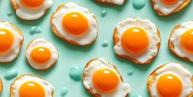 Artfully plated fried eggs. Fried eggs with bright yolks are beautifully arranged on a mint green surface, creating a cheerful and inviting look. photo